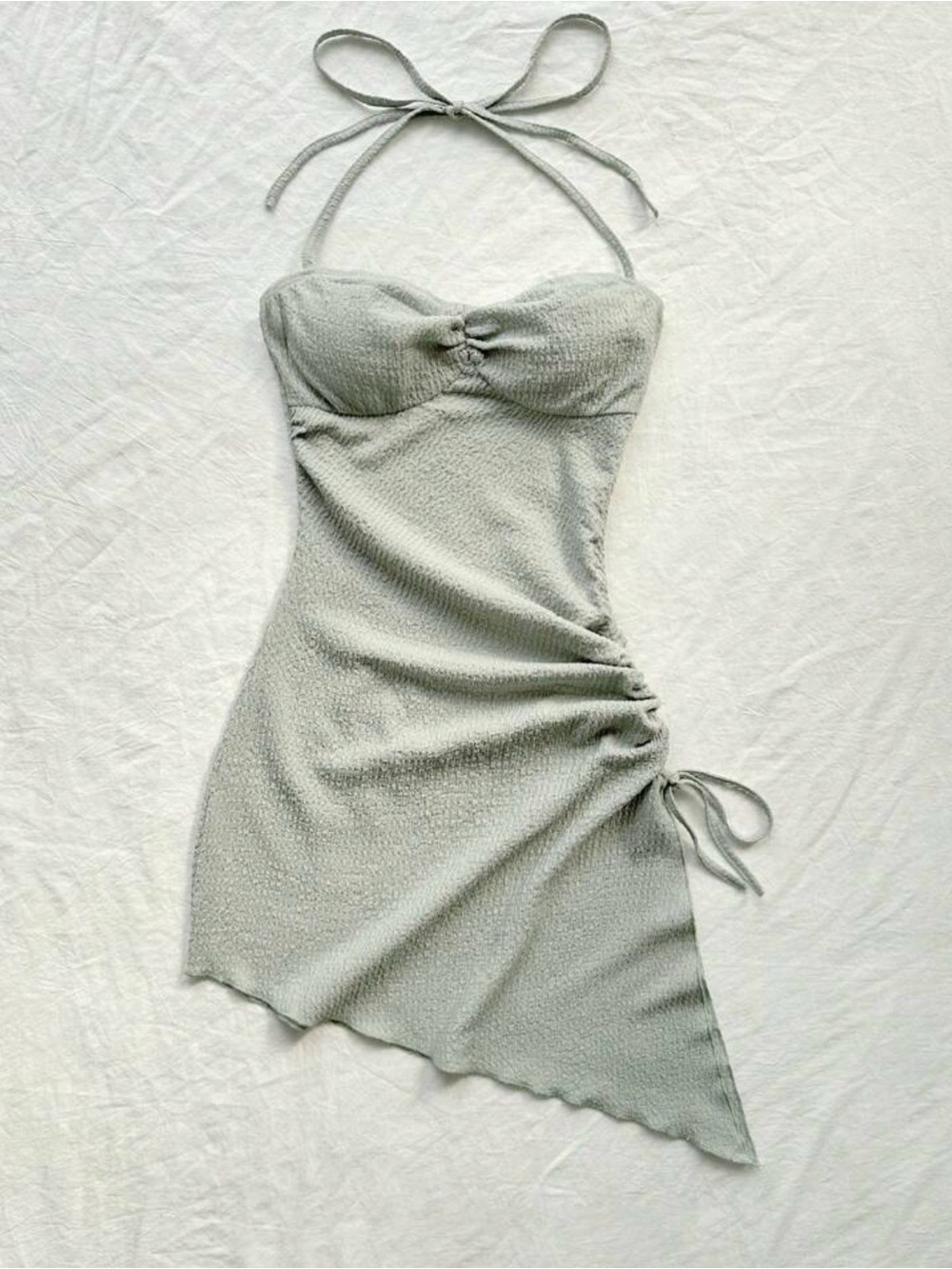 Halter Asymmetrical Ruched Mini Dress in Light Sage